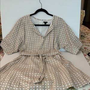 Ann Taylor white dress with beige geometric pattern.